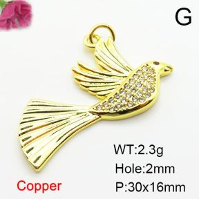 Micro Pave Cubic Zirconia,Brass Pendants,Bird,Plating Gold,30x16mm,Hole:2mm,about 2.3g/pc,5 pcs/package,XFPC03843aajl-L024