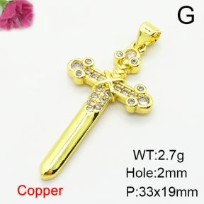 Micro Pave Cubic Zirconia,Brass Pendants,Cross,Plating Gold,33x19mm,Hole:2mm,about 2.7g/pc,5 pcs/package,XFPC03888aajl-L024