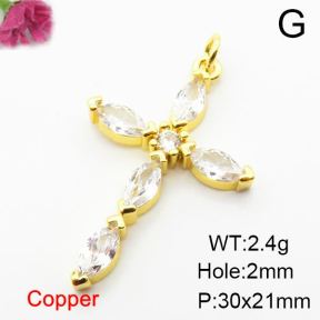 Cubic Zirconia,Brass Pendants,Cross,Plating Gold,30x21mm,Hole:2mm,about 2.4g/pc,5 pcs/package,XFPC03894aajl-L024
