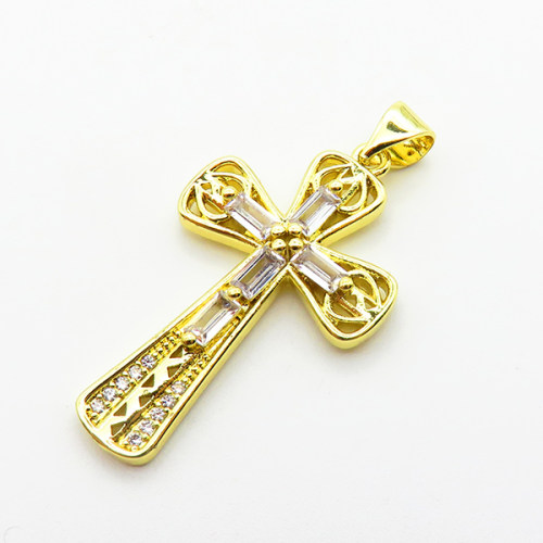 Micro Pave Cubic Zirconia,Brass Pendants,Cross,Plating Gold,28x18mm,Hole:2mm,about 2.8g/pc,5 pcs/package,XFPC03897baka-L024
