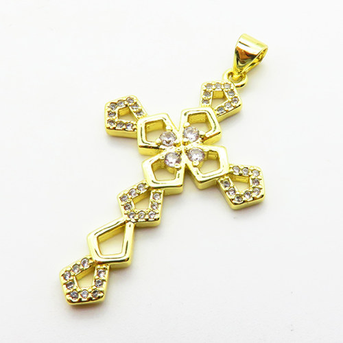 Micro Pave Cubic Zirconia,Brass Pendants,Cross,Plating Gold,33x23mm,Hole:2mm,about 2.8g/pc,5 pcs/package,XFPC03900baka-L024