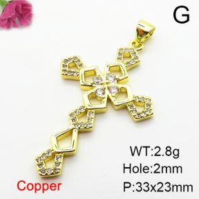 Micro Pave Cubic Zirconia,Brass Pendants,Cross,Plating Gold,33x23mm,Hole:2mm,about 2.8g/pc,5 pcs/package,XFPC03900baka-L024