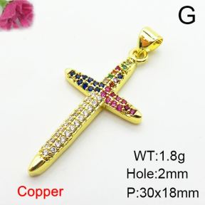Micro Pave Cubic Zirconia,Brass Pendants,Cross,Plating Gold,30x18mm,Hole:2mm,about 1.8g/pc,5 pcs/package,XFPC03903baka-L024