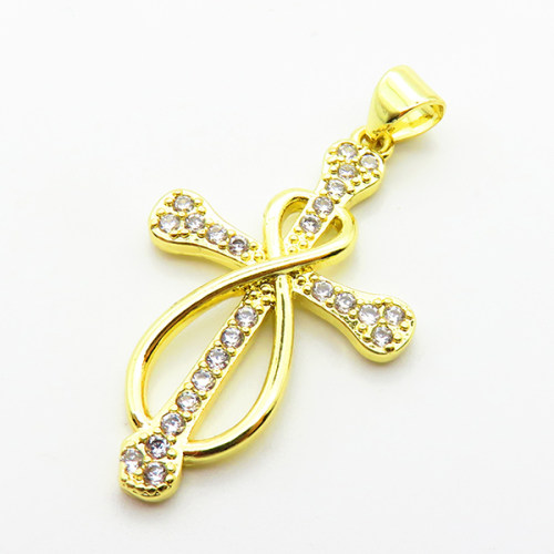 Micro Pave Cubic Zirconia,Brass Pendants,Cross,Plating Gold,28x19mm,Hole:2mm,about 2.2g/pc,5 pcs/package,XFPC03909aajl-L024