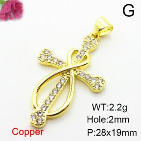 Micro Pave Cubic Zirconia,Brass Pendants,Cross,Plating Gold,28x19mm,Hole:2mm,about 2.2g/pc,5 pcs/package,XFPC03909aajl-L024