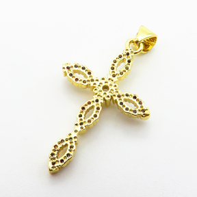 Micro Pave Cubic Zirconia,Brass Pendants,Cross,Plating Gold,26x18mm,Hole:2mm,about 1.7g/pc,5 pcs/package,XFPC03921aajl-L024