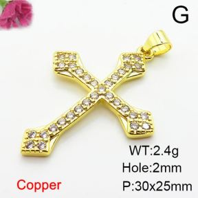 Micro Pave Cubic Zirconia,Brass Pendants,Cross,Plating Gold,30x25mm,Hole:2mm,about 2.4g/pc,5 pcs/package,XFPC03924aajl-L024