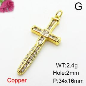 Micro Pave Cubic Zirconia,Brass Pendants,Cross,Plating Gold,34x16mm,Hole:2mm,about 2.4g/pc,5 pcs/package,XFPC03927baka-L024