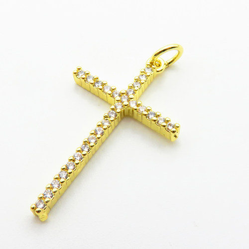 Micro Pave Cubic Zirconia,Brass Pendants,Cross,Plating Gold,25x17mm,Hole:2mm,about 1.1g/pc,5 pcs/package,XFPC03942avja-L024