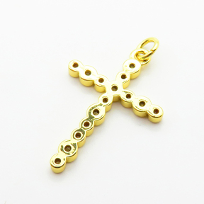 Cubic Zirconia,Brass Pendants,Cross,Plating Gold,24x19mm,Hole:2mm,about 1.5g/pc,5 pcs/package,XFPC03945avja-L024