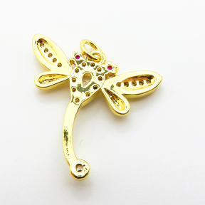Micro Pave Cubic Zirconia,Brass Pendants,Dragonfly,Plating Gold,20x23mm,Hole:2mm,about 2g/pc,5 pcs/package,XFPC03960aajl-L024