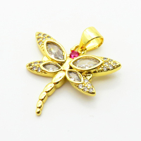 Micro Pave Cubic Zirconia,Brass Pendants,Dragonfly,Plating Gold,17x20mm,Hole:2mm,about 1.8g/pc,5 pcs/package,XFPC03966avja-L024