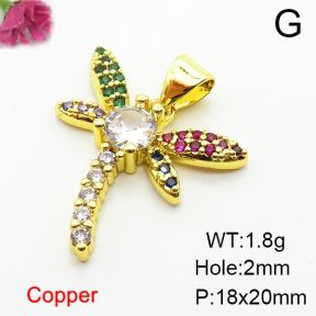 Micro Pave Cubic Zirconia,Brass Pendants,Dragonfly,Plating Gold,18x20mm,Hole:2mm,about 1.8g/pc,5 pcs/package,XFPC03969aajl-L024