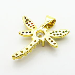 Micro Pave Cubic Zirconia,Brass Pendants,Dragonfly,Plating Gold,18x20mm,Hole:2mm,about 1.8g/pc,5 pcs/package,XFPC03969aajl-L024