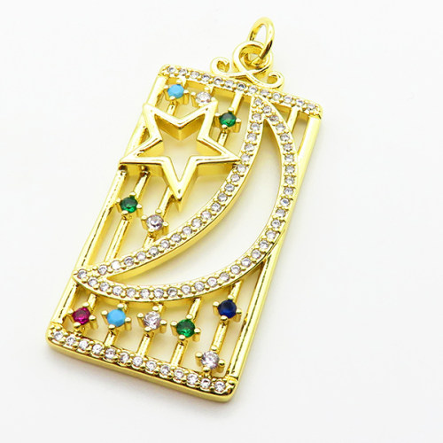 Micro Pave Cubic Zirconia,Brass Pendants,Rectangle,Stars,Moon,Plating Gold,35x19mm,Hole:2mm,about 5.7g/pc,5 pcs/package,XFPC03978ablb-L024