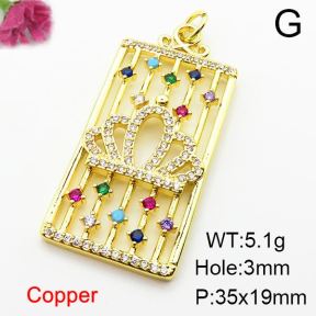 Micro Pave Cubic Zirconia,Brass Pendants,Rectangle,Crown,Plating Gold,35x19mm,Hole:2mm,about 5.1g/pc,5 pcs/package,XFPC03995ablb-L024