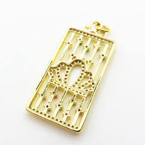 Micro Pave Cubic Zirconia,Brass Pendants,Rectangle,Crown,Plating Gold,35x19mm,Hole:2mm,about 5.1g/pc,5 pcs/package,XFPC03995ablb-L024