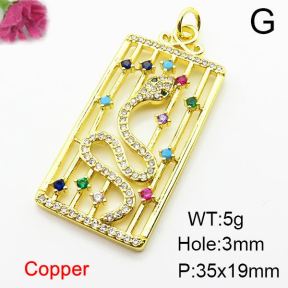 Micro Pave Cubic Zirconia,Brass Pendants,Rectangle,Snake,Plating Gold,35x19mm,Hole:2mm,about 5g/pc,5 pcs/package,XFPC03998ablb-L024