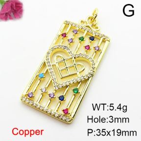 Micro Pave Cubic Zirconia,Brass Pendants,Rectangle,Heart,Plating Gold,35x19mm,Hole:2mm,about 5.4g/pc,5 pcs/package,XFPC04004ablb-L024
