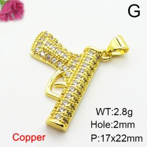 Micro Pave Cubic Zirconia,Brass Pendants,Gun,Plating Gold,17x22mm,Hole:2mm,about 2.8g/pc,5 pcs/package,XFPC04016aajl-L024