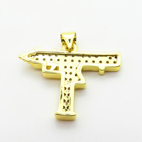 Micro Pave Cubic Zirconia,Brass Pendants,Gun,Plating Gold,17x26mm,Hole:2mm,about 2.5g/pc,5 pcs/package,XFPC04037baka-L024