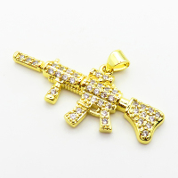 Micro Pave Cubic Zirconia,Brass Pendants,Gun,Plating Gold,15x37mm,Hole:2mm,about 3.2g/pc,5 pcs/package,XFPC04043baka-L024