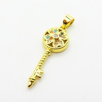 Micro Pave Cubic Zirconia,Brass Pendants,Key,Plating Gold,27x10mm,Hole:2mm,about 1.7g/pc,5 pcs/package,XFPC04046aajl-L024