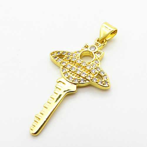 Micro Pave Cubic Zirconia,Brass Pendants,Key,Plating Gold,30x19mm,Hole:2mm,about 2.1g/pc,5 pcs/package,XFPC04049aajl-L024