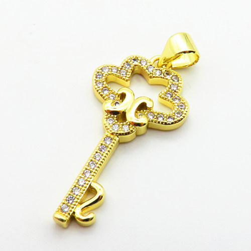 Micro Pave Cubic Zirconia,Brass Pendants,Key,Plating Gold,25x14mm,Hole:2mm,about 1.8g/pc,5 pcs/package,XFPC04052aajl-L024