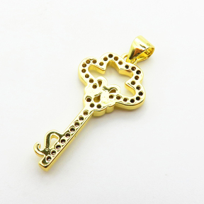 Micro Pave Cubic Zirconia,Brass Pendants,Key,Plating Gold,25x14mm,Hole:2mm,about 1.8g/pc,5 pcs/package,XFPC04052aajl-L024