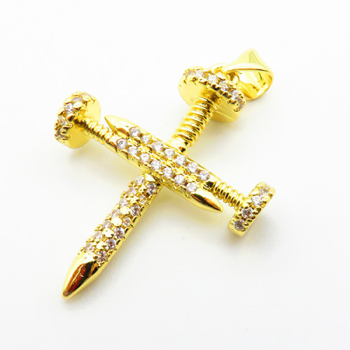Micro Pave Cubic Zirconia,Brass Pendants,Nail,Cross,Plating Gold,26x21mm,Hole:2mm,about 2.8g/pc,5 pcs/package,XFPC04055aajl-L024