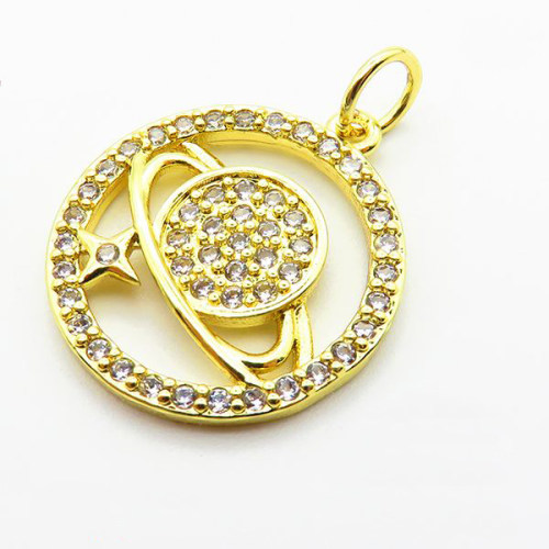 Micro Pave Cubic Zirconia,Brass Pendants,Round,Star,Plating Gold,20mm,Hole:2mm,about 2.5g/pc,5 pcs/package,XFPC04070aajl-L024