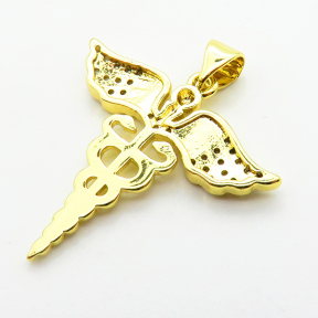 Micro Pave Cubic Zirconia,Brass Pendants,Wing,Plating Gold,24x27mm,Hole:2mm,about 2.3g/pc,5 pcs/package,XFPC04078aajl-L024