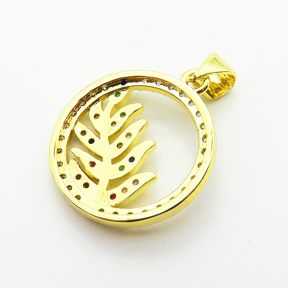 Micro Pave Cubic Zirconia,Brass Pendants,Round,Leaves,Plating Gold,18mm,Hole:2mm,about 2.1g/pc,5 pcs/package,XFPC04081aajl-L024