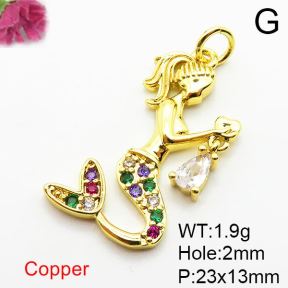 Micro Pave Cubic Zirconia,Brass Pendants,Mermaid,Plating Gold,23x13mm,Hole:2mm,about 1.9g/pc,5 pcs/package,XFPC04090aajl-L024