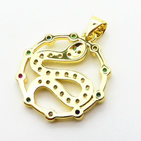 Micro Pave Cubic Zirconia,Brass Pendants,Round,Snake,Plating Gold,20mm,Hole:2mm,about 2.4g/pc,5 pcs/package,XFPC04096aajl-L024