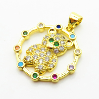 Micro Pave Cubic Zirconia,Brass Pendants,Round,Bear,Plating Gold,20mm,Hole:2mm,about 2.3g/pc,5 pcs/package,XFPC04102aajl-L024