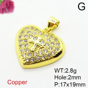Micro Pave Cubic Zirconia,Brass Pendants,Heart,Cross,Plating Gold,17x19mm,Hole:2mm,about 2.8g/pc,5 pcs/package,XFPC04138aajl-L024