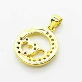 Micro Pave Cubic Zirconia,Brass Pendants,Round,Heart,Plating Gold,15mm,Hole:2mm,about 1.7g/pc,5 pcs/package,XFPC04141avja-L024