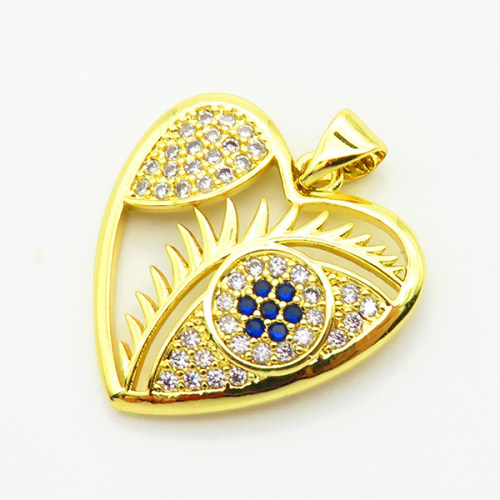 Micro Pave Cubic Zirconia,Brass Pendants,Heart, Devil's Eye,Plating Gold,22mm,Hole:2mm,about 3.2g/pc,5 pcs/package,XFPC04153baka-L024
