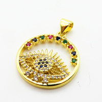 Micro Pave Cubic Zirconia,Brass Pendants,Round,Devil's Eye,Plating Gold,20mm,Hole:2mm,about 2.5g/pc,5 pcs/package,XFPC04209baka-L024