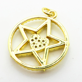 Micro Pave Cubic Zirconia,Brass Pendants,Round,Pentagram,Plating Gold,19mm,Hole:2mm,about 2.3g/pc,5 pcs/package,XFPC04224aajl-L024
