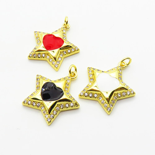 Micro Pave Cubic Zirconia & Enamel,Brass Pendants,Pentagram,Heart,Plating Gold,Mixed Color,19mm,Hole:2mm,about 2.5g/pc,5 pcs/package,XFPC04287aajl-L024