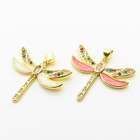 Micro Pave Cubic Zirconia & Enamel,Brass Pendants,Dragonfly,Plating Gold,Mixed Color,25x30mm,Hole:2mm,about 3.3g/pc,5 pcs/package,XFPC04310baka-L024
