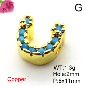 Micro Pave Cubic Zirconia,Brass Pendants,U Shape,Plating Gold,Mixed Color,8x11mm,Hole:2mm,about 1.3g/pc,5 pcs/package,XFF00638vail-L017