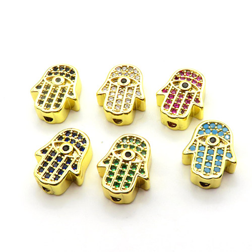 Micro Pave Cubic Zirconia,Brass Pendants,Hamsa Hand/Hand of Fatima/Hand of Miriam,Eyes,Plating Gold,Mixed Color,13x11mm,Hole:2mm,about 1.8g/pc,5 pcs/package,XFF00652vail-L017
