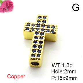 Micro Pave Cubic Zirconia,Brass Pendants,Cross,Plating Gold,Mixed Color,15x9mm,Hole:2mm,about 1.3g/pc,5 pcs/package,XFF00658vail-L017