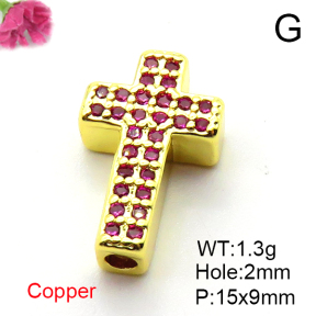 Micro Pave Cubic Zirconia,Brass Pendants,Cross,Plating Gold,Mixed Color,15x9mm,Hole:2mm,about 1.3g/pc,5 pcs/package,XFF00658vail-L017