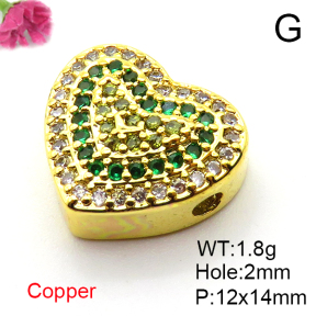 Micro Pave Cubic Zirconia,Brass Pendants,Heart,Plating Gold,Mixed Color,12x14mm,Hole:2mm,about 1.8g/pc,5 pcs/package,XFF00665avja-L017