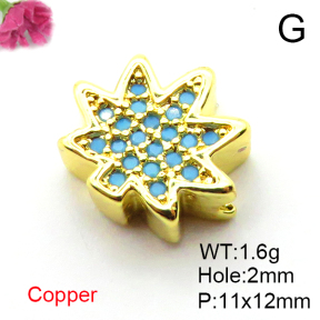 Micro Pave Cubic Zirconia,Brass Pendants,Maple Leaf,Plating Gold,Mixed Color,11x12mm,Hole:2mm,about 1.6g/pc,5 pcs/package,XFF00679vail-L017